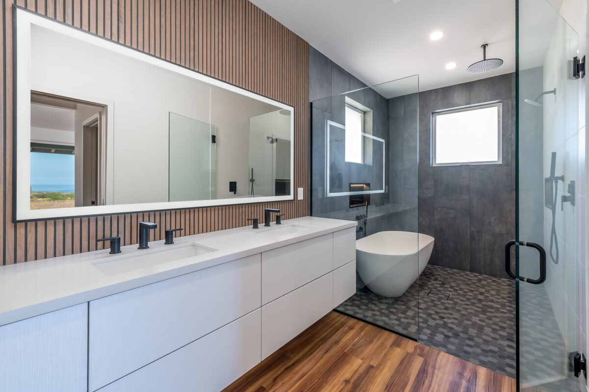 Master bath with double vanity, soaking tub and walk-in shower