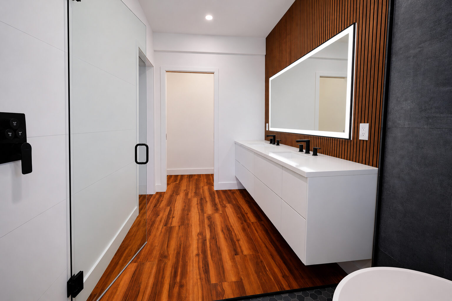 Master bath with freestanding soaking tub
